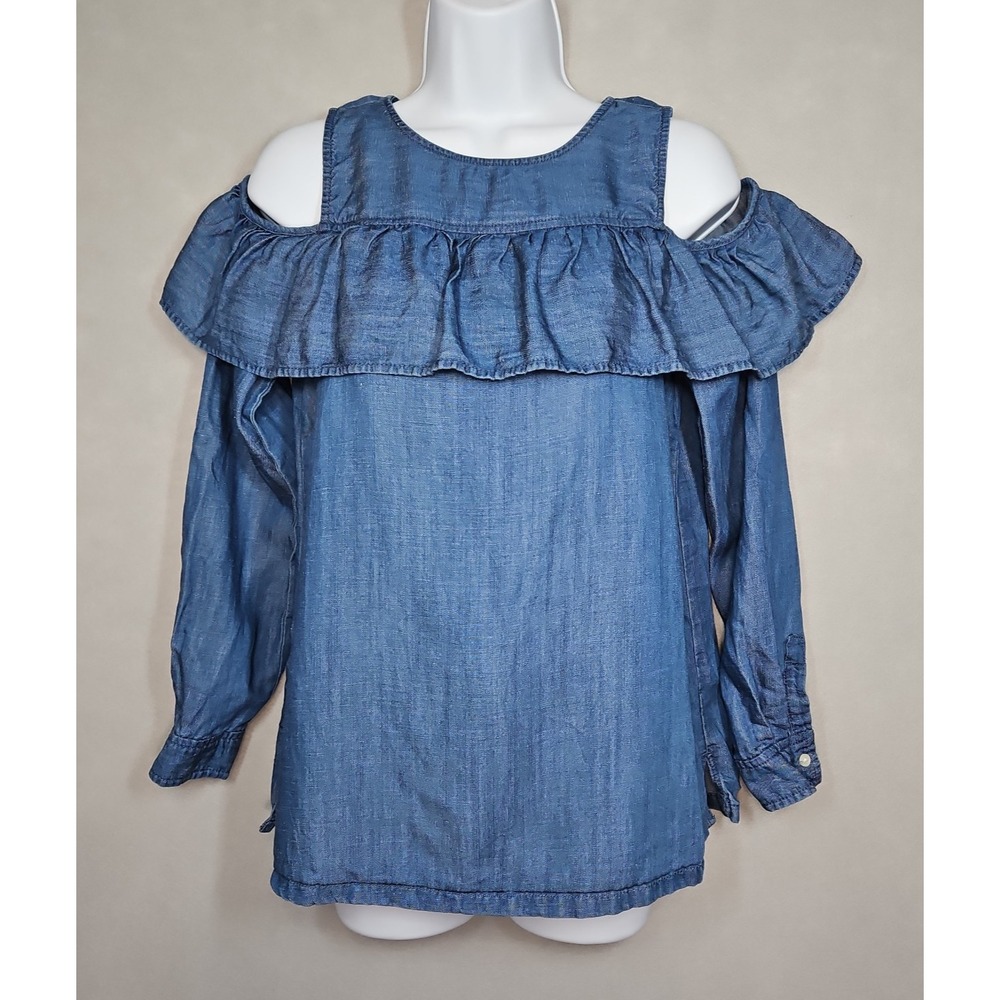 LOFT Womens Blue Chambray Linen Blend Cold Shoulder Ruffle Blouse Size XS